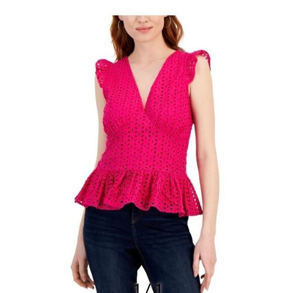 I NC international concepts, cotton eyelet, choo-choo peplum top size 4 - Picture 1 of 5